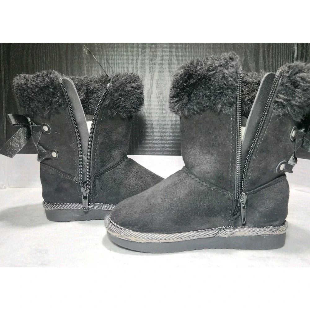 Black Faux Fur Shimmer Bow Winter Boots Toddler Size 8